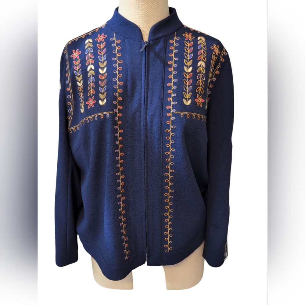 Dennis Basso Midnight Blue Jacket Embroidered Floral Classy Zip Front 16 - Picture 2 of 16